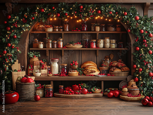 Central empty 3D podium surrounded by Christmas recipe books and cooking supplies, traditional holiday dishes. Cozy kitchen scene with holiday decorations. Cinnamon brown and creamy white with red.