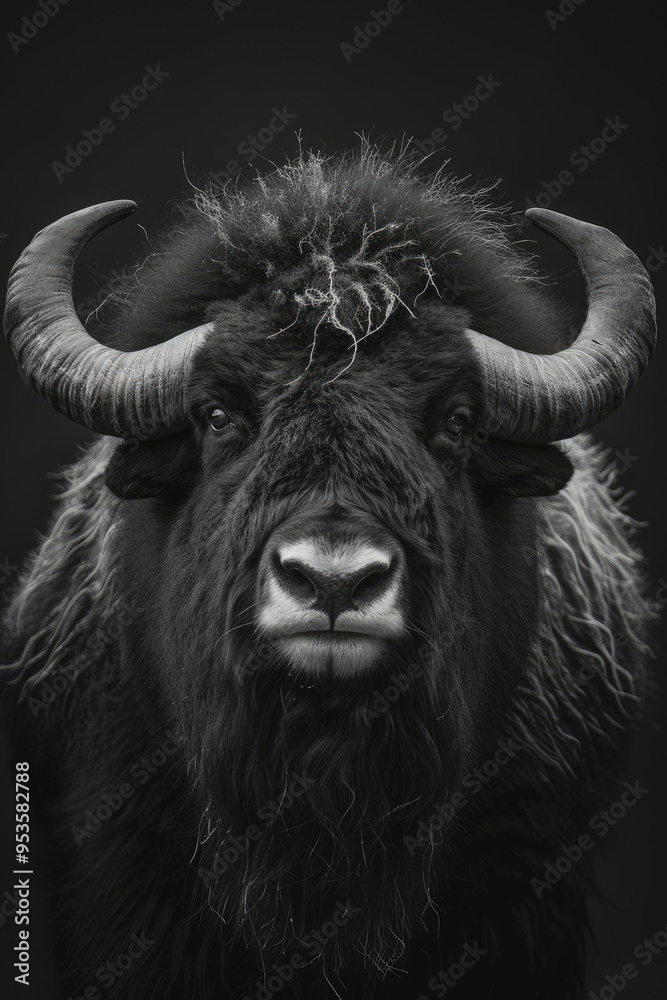 portrait studio photograph of musk ox black and white portrait studio photograph of musk ox black and white