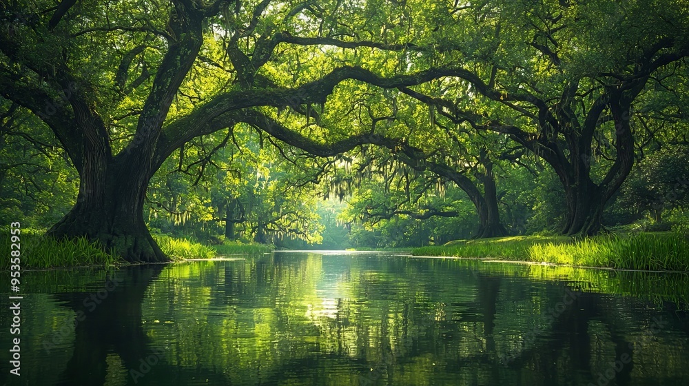 Serene forest with large trees reflected in calm river water Serene forest with large trees reflected in calm river water