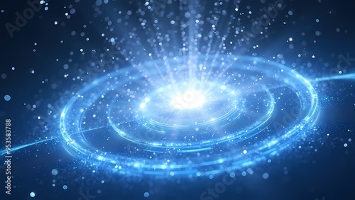 Twisting Ribbon of Electric Blue Light with Floating Glowing Orbs in Dark Background