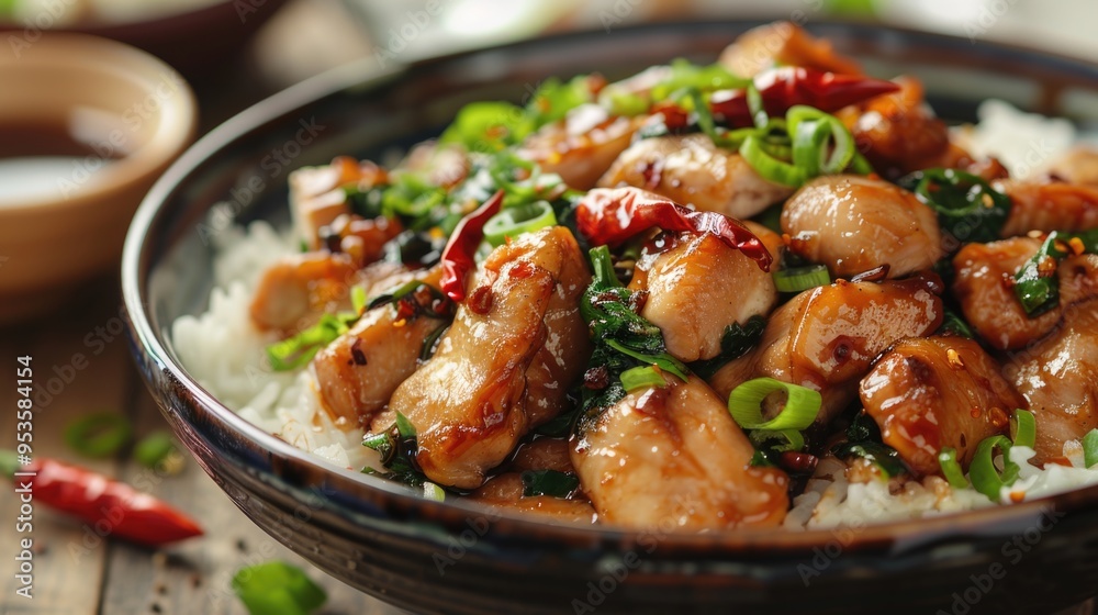 Sweet and spicy chicken with rice and cilantro Sweet and spicy chicken with rice and cilantro