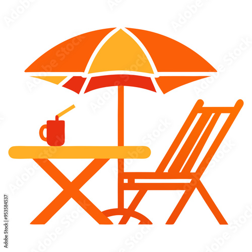 Vector illustration of a beach scene with outdoor chairs, umbrellas, and a bear glass outline, representing summer vacation at a cafe.