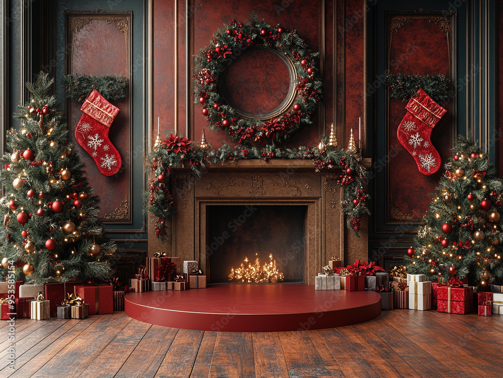 Fototapeta premium Central empty 3D podium surrounded by personalized Christmas gifts, such as engraved ornaments and custom stockings, with a backdrop of a cozy fireplace and decorated tree. Rich and pine green bronze.