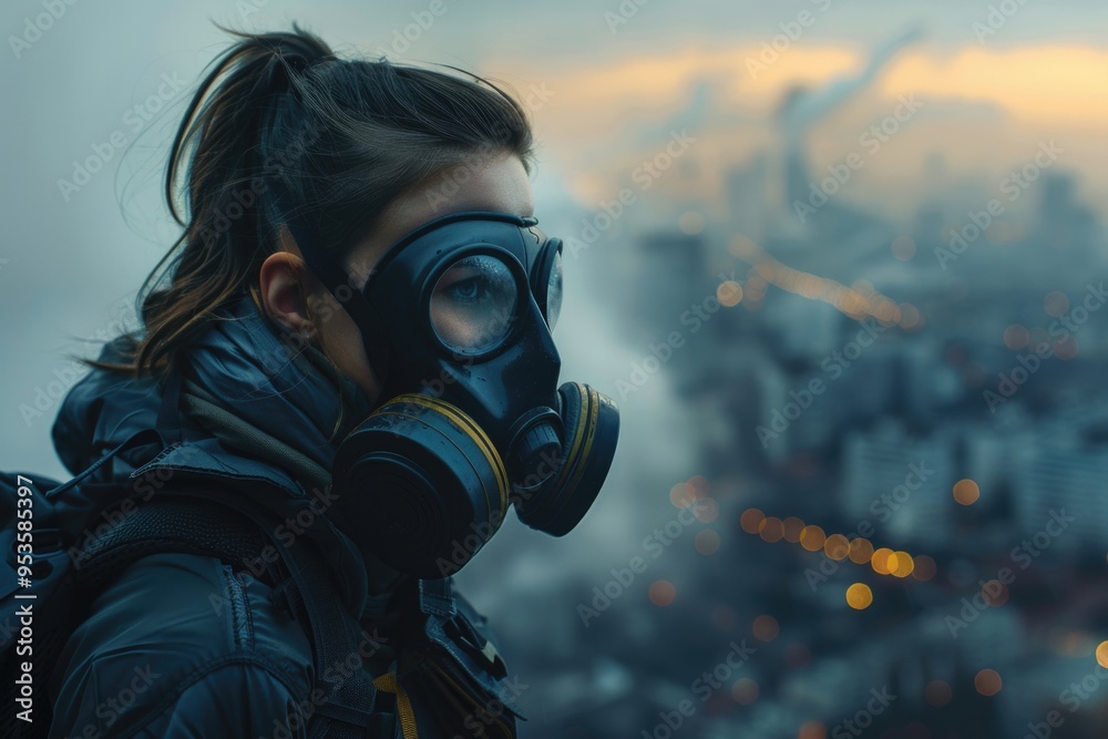 Woman wearing gas mask in city Woman wearing gas mask in city