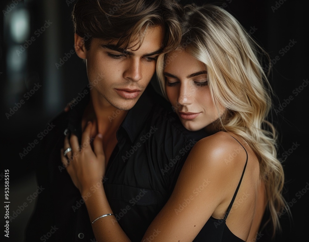Romantic Couple Embracing with Eyes Closed in Intimate Moment Against Dark Background Romantic Couple Embracing with Eyes Closed in Intimate Moment Against Dark Background