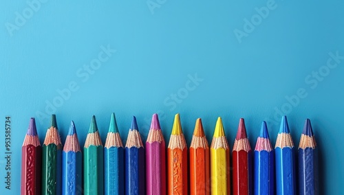 Colored pencils arranged in a row on a blue surface