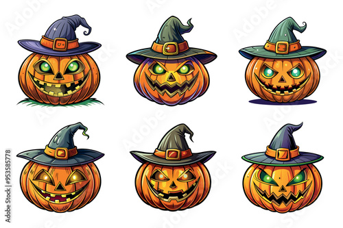 Halloween pumpkin eyes glowing, wearing black witch hat white background