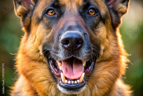 A close-up of a German Shepherd's mouth shows its sharp, pointed teeth, with the top and bottom rows slightly overlapping, in a natural, relaxed expression.