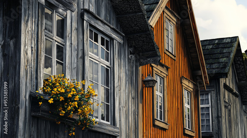 This high-quality photo captures the intricate architectural details of a traditional Norwegian village. Generative AI photo