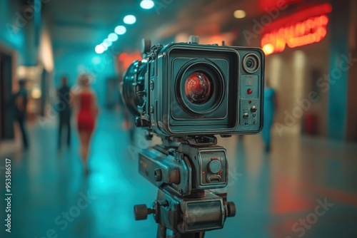 Professional camera on a tripod in a stylish urban setting, with lights.