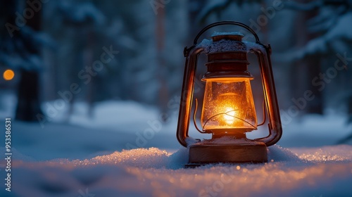 Vintage lantern glowing in the snow during a winter night