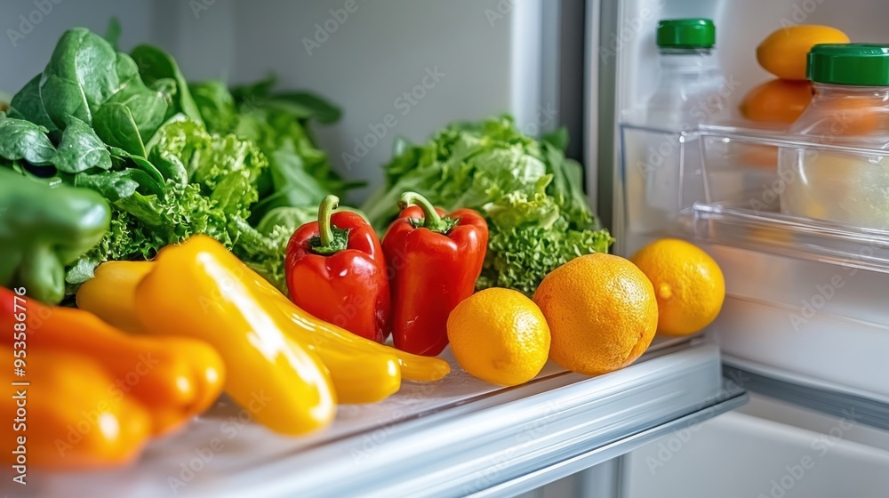 A double-door refrigerator with a digital display showing inside temperatures