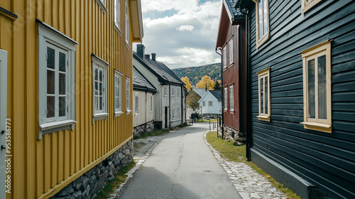 This high-quality photo captures the intricate architectural details of a traditional Norwegian village. Generative AI photo