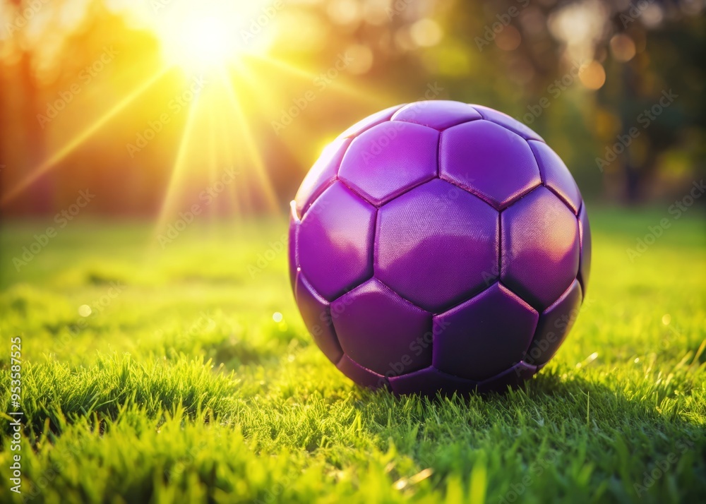 Fototapeta premium A close-up of a purple soccer ball sitting on a lush green grass field, illuminated by warm sunlight,