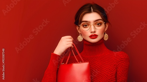 A woman fashion model wearing red and holding a red fashion bag against a red isolated background.