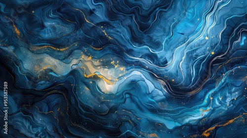 Abstract blue and gold ink swirl art