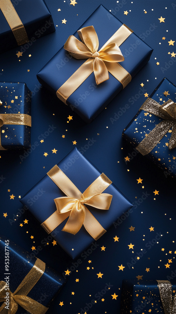 Close-up of elegant blue and gold gift boxes with ribbons Close-up of elegant blue and gold gift boxes with ribbons