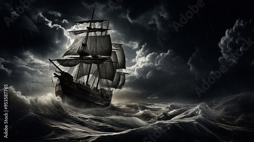 Dark sailing ship in storm weather at night. Neural network ai generated art