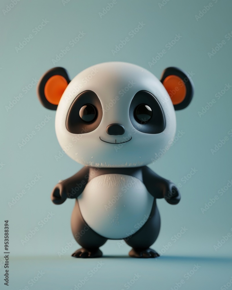 Fototapeta premium Adorable computer-generated cartoon panda character with big eyes and a friendly smile against a blue background