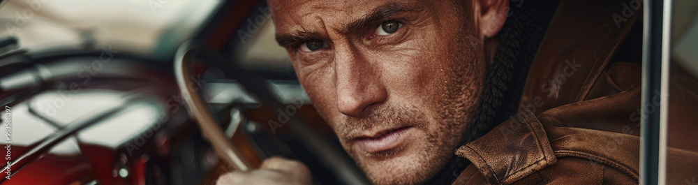 Fototapeta premium The driver focuses intently on the road ahead while seated in an iconic vintage racing vehicle under bright sunlight