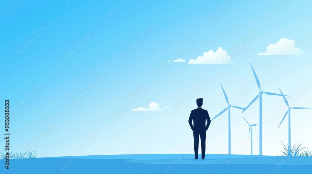 Businessman silhouette, wind turbines on horizon, flat design illustration Businessman silhouette, wind turbines on horizon, flat design illustration