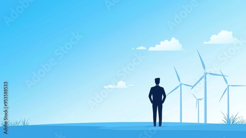 Businessman silhouette, wind turbines on horizon, flat design illustration