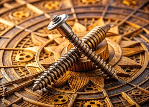 A close-up of a wooden screw blade with metal axis, surrounded by ancient texts and geometric patterns, symbolizing innovative mechanical genius. photo