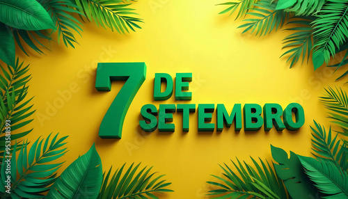 7 de Setembro. Independência do Brasil. 7 de Setembro letras em verde. 7 de Setembro com fundo amarelo. 7 de setembro e folhas verdes. Fundo a marelo. photo