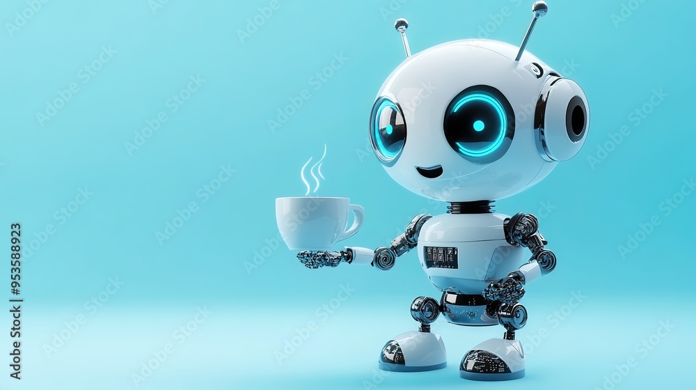 Adorable Robot Raises a Cup of Coffee in a Playful Salute - A Whimsical Blend of Technology and Daily Rituals. Adorable Robot Raises a Cup of Coffee in a Playful Salute - A Whimsical Blend of Technology and Daily Rituals.