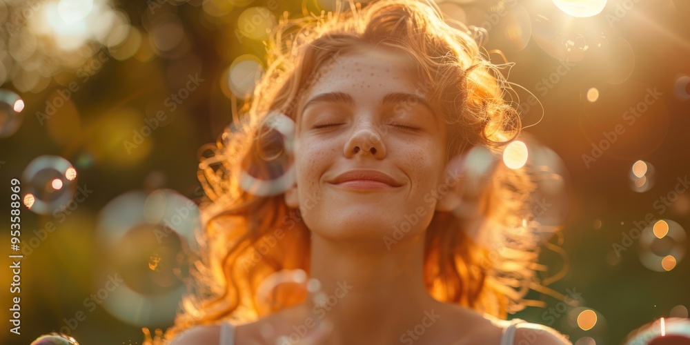 Woman smiling with bubbles in golden sunlight Woman smiling with bubbles in golden sunlight