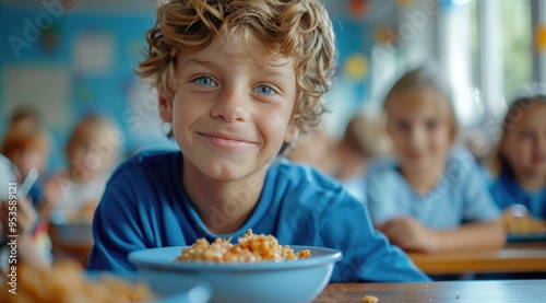 Boy smiling at lunch in school cafeteria