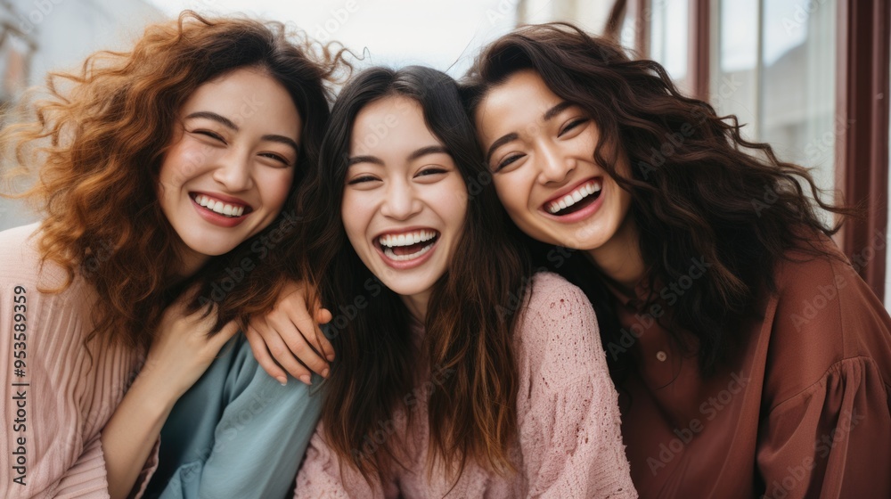 Three Smiling Women Friends Embracing Outdoors in Casual Fashion Three Smiling Women Friends Embracing Outdoors in Casual Fashion