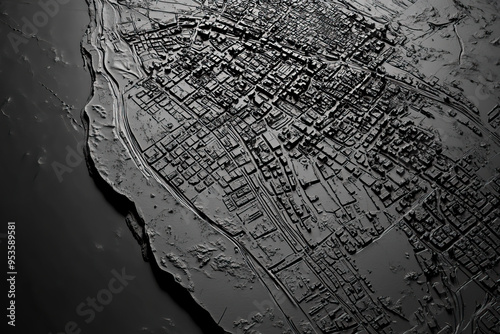 Technical aerial visual, 3D LiDAR GIS aerial map satellite scan model isolated, showing Surat, India. Elevation, topography, render photo