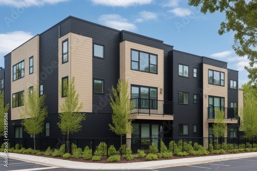 Modern Multifamily Building with Beige and Black Hardie Plank Siding, Balconies, and Greenery Against a Clear Blue Sky