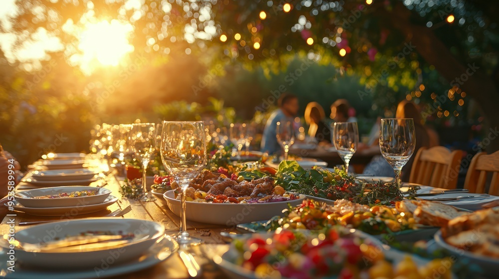 Outdoor dinner table set for a party during golden hour with warm lighting Outdoor dinner table set for a party during golden hour with warm lighting