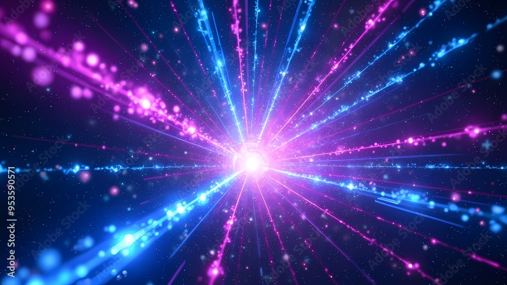 Naklejka premium Vortex of Swirling Blue Light Waves with Depth-Enhancing Particles in Dark