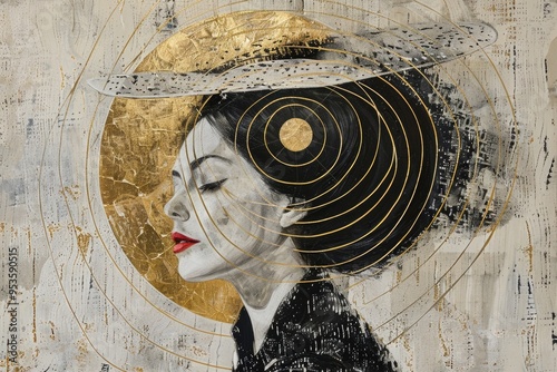Abstract Female Portrait with Golden Halo and Geometric Patterns on Textured Canvas