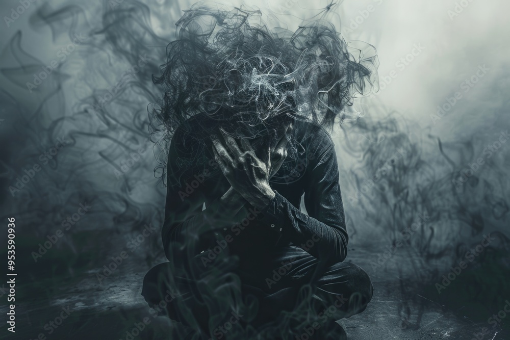 Man in Dark Smoke Swirls Conceptual Mental Health, Loneliness, and Depression Art Man in Dark Smoke Swirls Conceptual Mental Health, Loneliness, and Depression Art