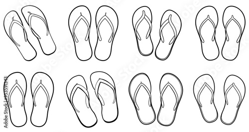 Flip flop icons set. Black linear flip flop icon isolated on white background. Vector illustration