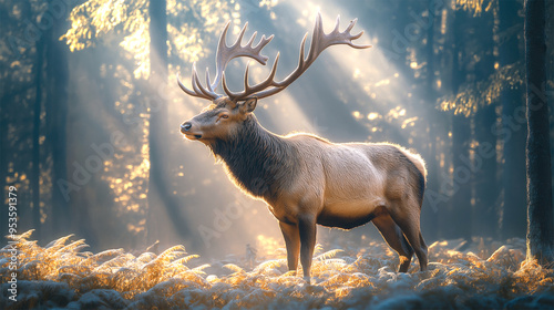 Extinct Irish Elk Standing Majestically in Misty Prehistoric Forest Landscape
 photo