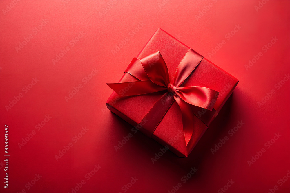 Red gift box on a red paper background with a red bow. Mockup, top view Red gift box on a red paper background with a red bow. Mockup, top view