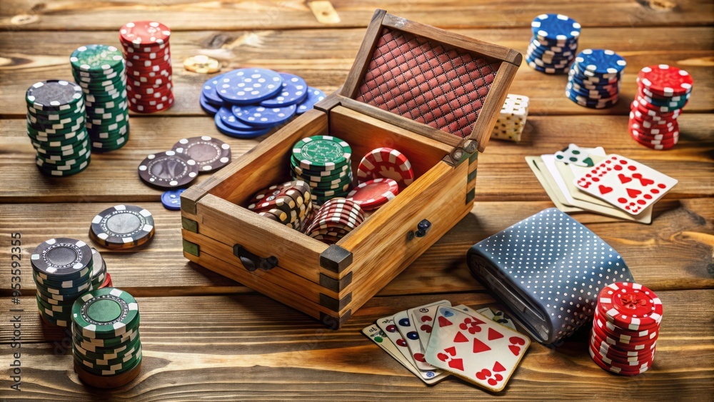 A cluttered wooden table scattered with various playing cards, poker chips, and an open game box, evoking a A cluttered wooden table scattered with various playing cards, poker chips, and an open game box, evoking a
