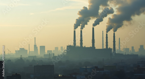 Urban Factories: Industrial Landscape with Smoke Emissions and Environmental Pollution