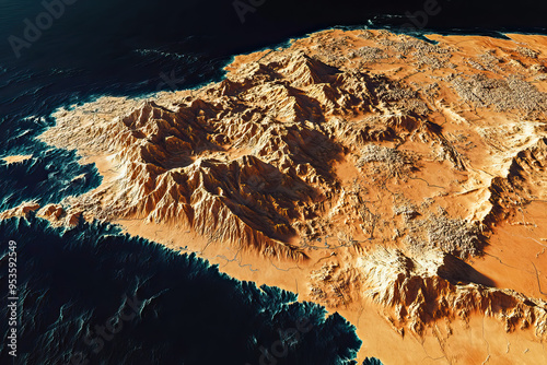 Technical aerial visual, 3D LiDAR GIS aerial map satellite scan model isolated, showing Tarhuna, Libya. Elevation, topography, render photo