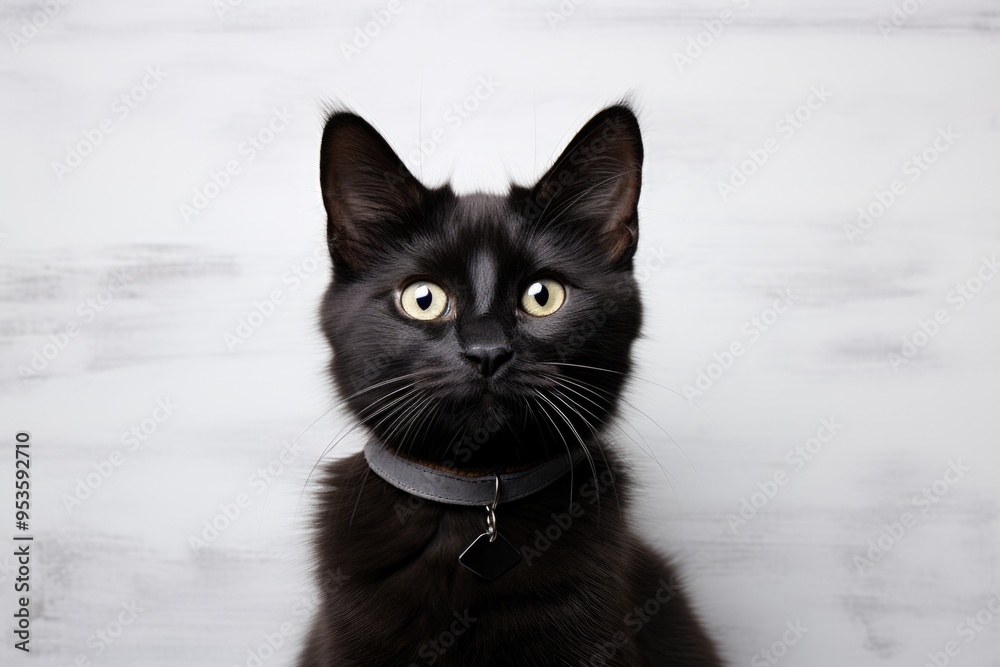 Black cat with collar looking at camera