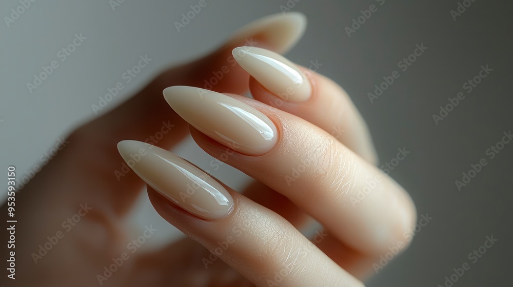 Close-up of elegant long nails with a natural manicure in soft lighting Close-up of elegant long nails with a natural manicure in soft lighting