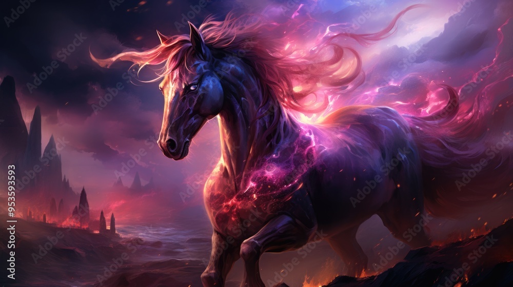 Black horse with flaming mane running through night landscape Black horse with flaming mane running through night landscape