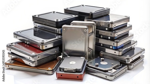 A collection of various internal and external hard drives in different sizes and interfaces, stacked and arranged on