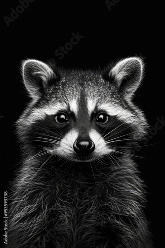 portrait studio photograph of raccoon black and white