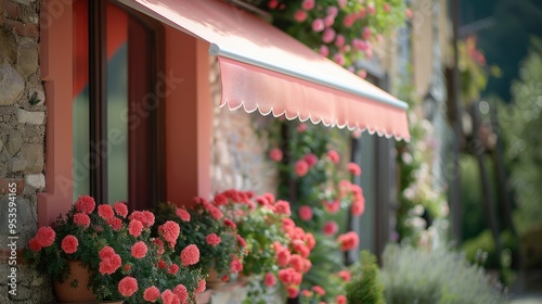 Charming FlowerFilled Window with Red Awning on Rustic Building Exterior photo